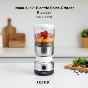 Nima Grinder & Juicer Nima 2-in-1 Electric Spice Grinder & Juicer – Silver (500ml, 200W) Upgrade your kitchen with the Nima 2-in-1 Electric Grinder & Juicer – your compact solution for grinding spices and juicing fruits in one sleek appliance. Whether you're prepping flavorful meals or making fresh juices, this powerful and stylish tool saves both time and space. • Dual Function – Grinds spices and juices fruits • Durable stainless steel body with sharp blades • Easy to clean with removable, washable parts • Sleek modern design fits any kitchen • Compact & convenient – ideal for daily use Brand: NIMA Color: Silver Capacity: 500ml Power: 150–200W Origin: China